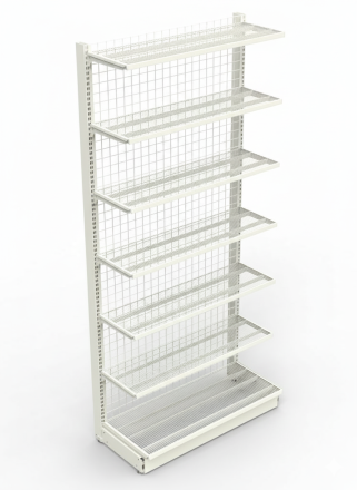 Крайстенен стелаж с мрежест гръб и стъклени рафтове