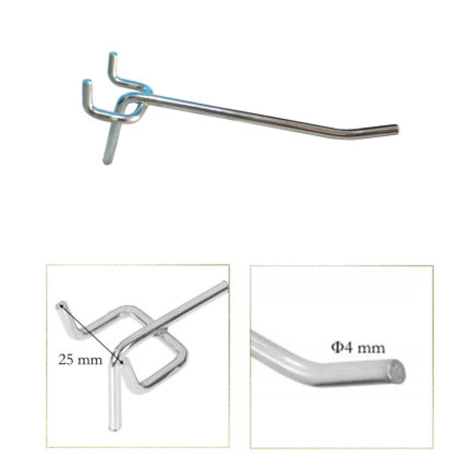 Кука за перфо гръб със захват 25мм Ф4/L100мм хром