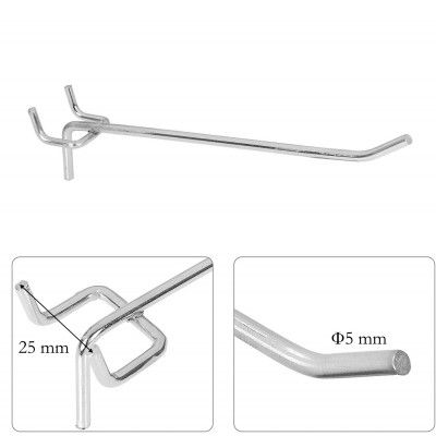 Кука за перфо гръб със захват 25 мм Ф5/L200 мм хром