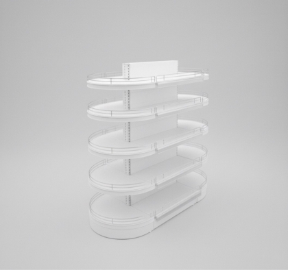 Двустранен островен стелаж за магазин с овални челни рафтове - Бял