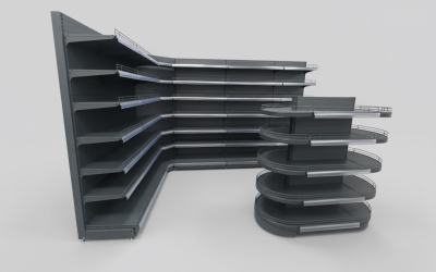 Островен стелаж с челни овални рафтове за магазин, тъмно сив мат