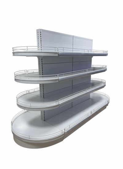 Островен стелаж с челни овални рафтове за магазин, бял