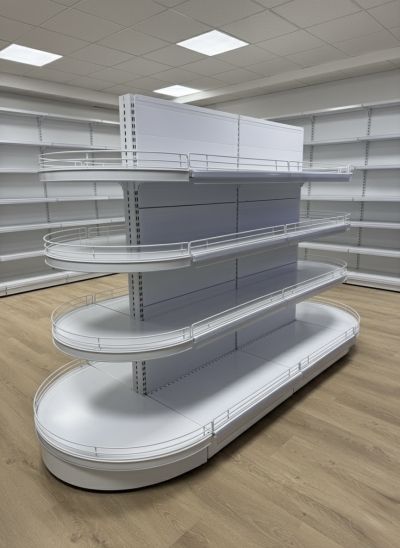 Островен стелаж с челни овални рафтове за магазин, бял