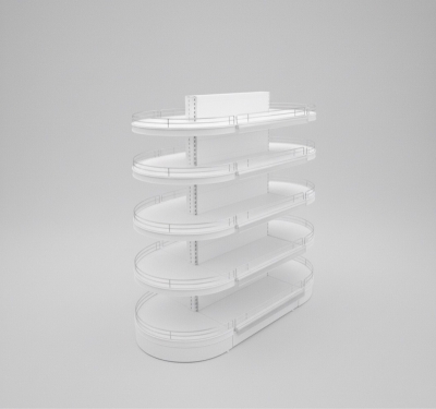 Двустранен островен стелаж за магазин с овални челни рафтове - Бял